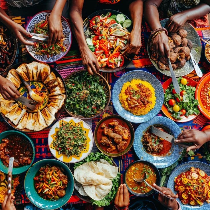 Overhead view of a shared African food spread